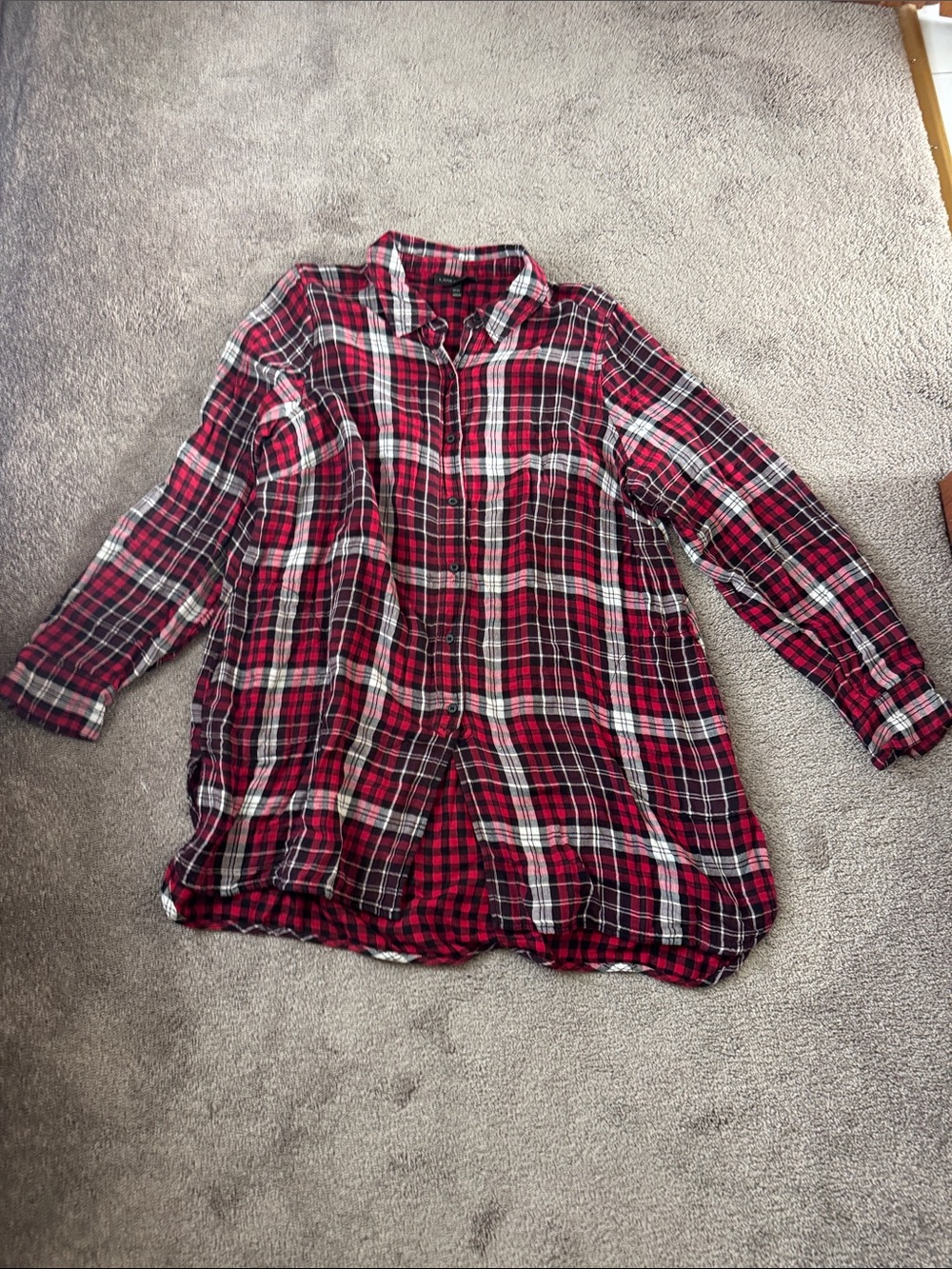 Lane Bryant Red Black Plaid 100% Cotton Button Front Tunic Dress SIZE 22/24